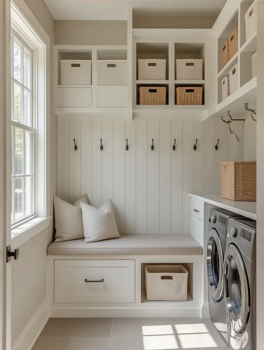 Organized mudroom-laundry entry with cubbies, bench, hooks, and laundry zone in natural daylight