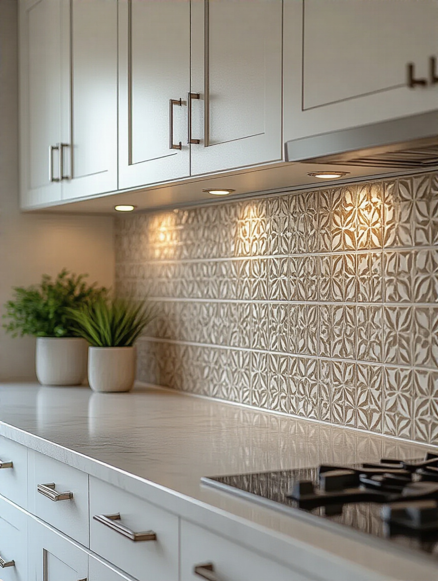 Modern kitchen with stylish kitchen backsplash accent between white cabinets and quartz countertops