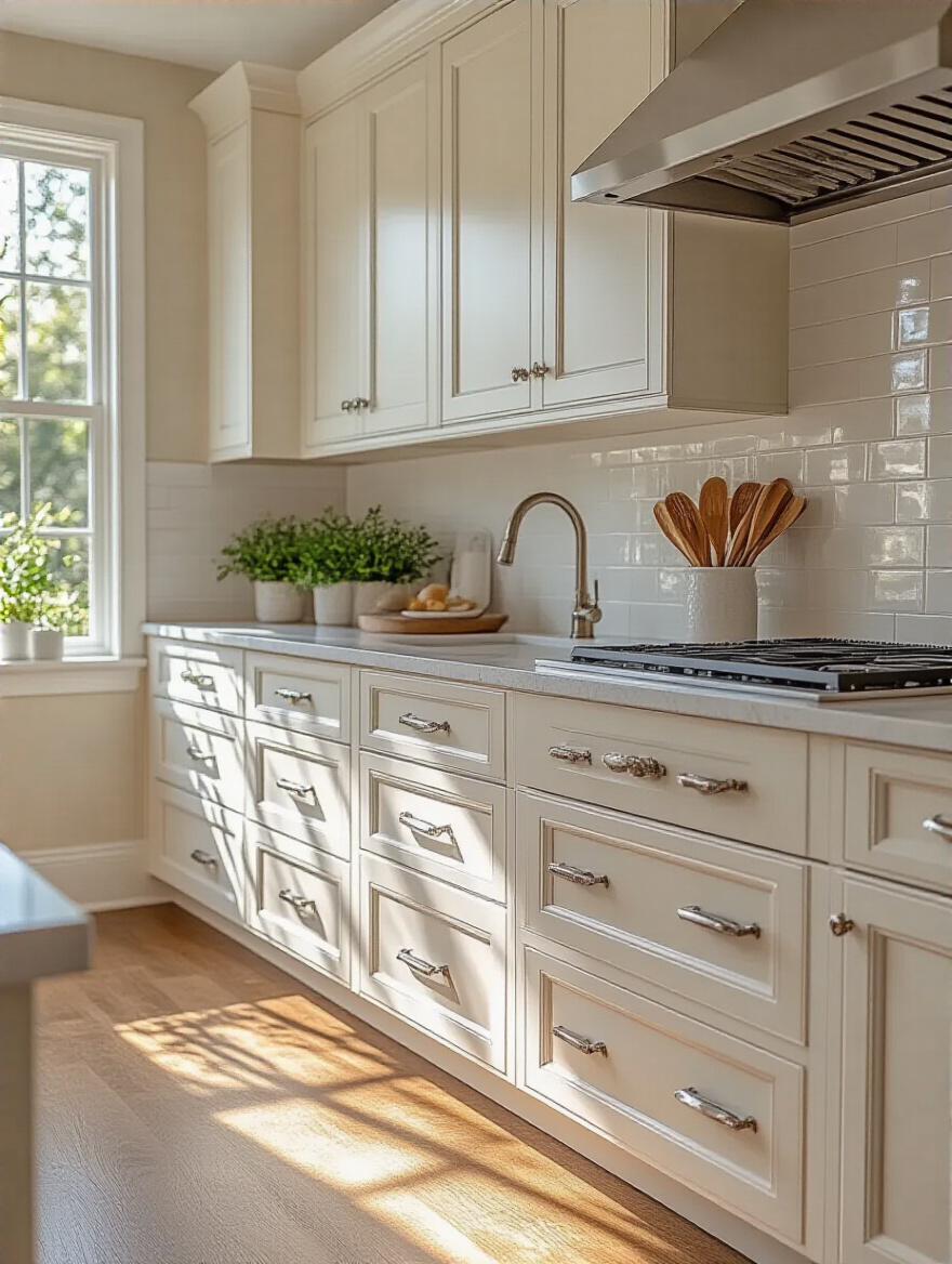 Close-up portrait of freshly painted off-white kitchen cabinets with modern hardware in bright natural light