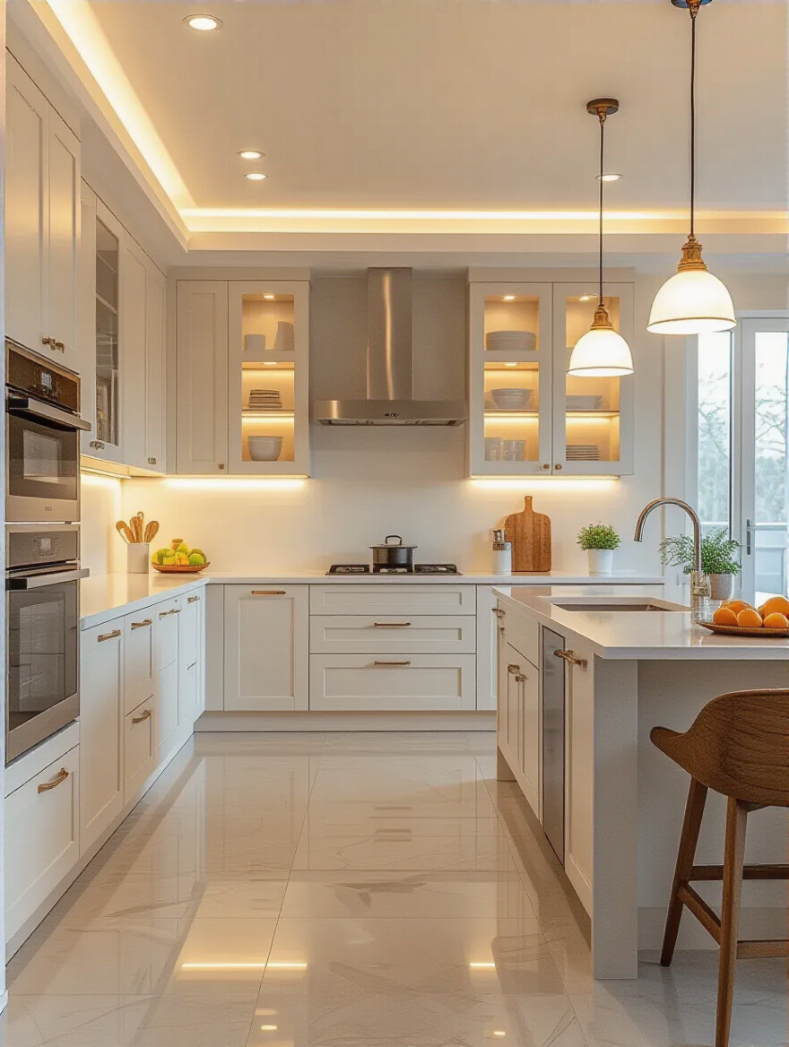 Bright modern kitchen interior with perfectly calculated balanced lighting and no people