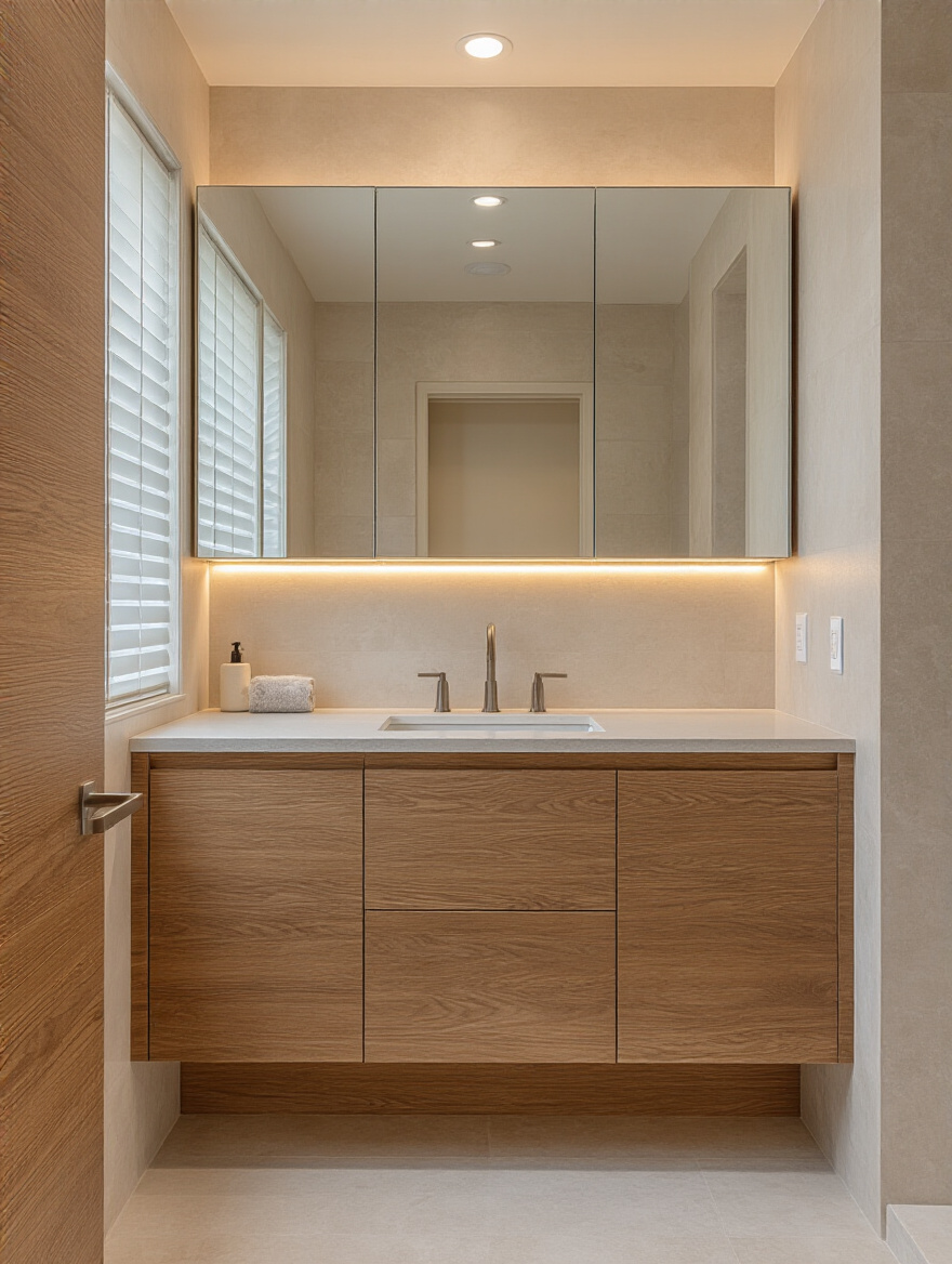 Modern bathroom showing wall-mounted floating vanity, freestanding vanity, and recessed medicine cabinet to illustrate cabinet mount types and space efficiency