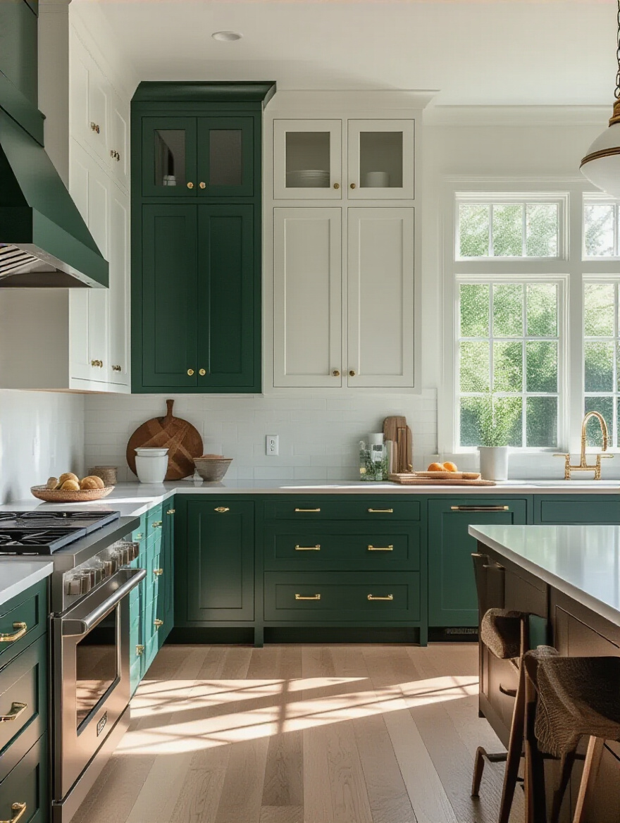 Elegant kitchen interior highlighting diverse cabinetry styles reflecting personal taste with natural lighting, no people