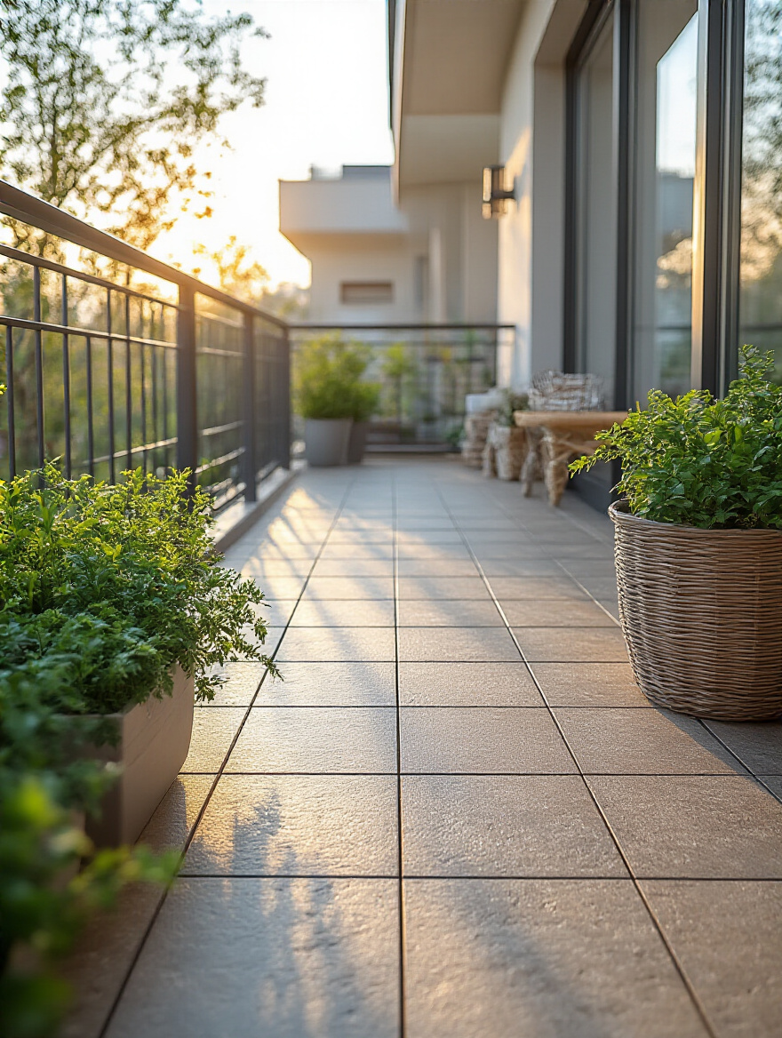 Close-up portrait of a small balcony floor with durable, weather-resistant porcelain tiles and composite decking under natural sunlight