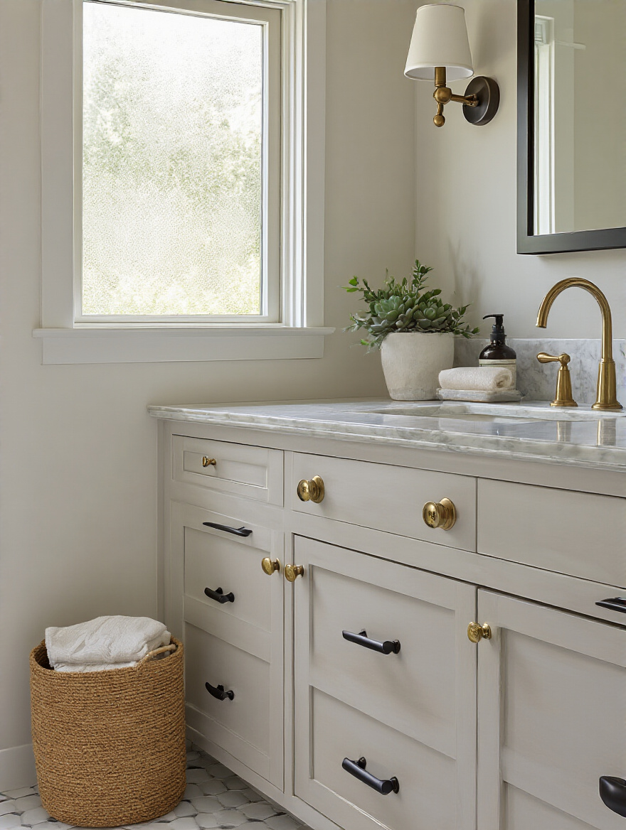Portrait close-up of a painted bathroom vanity showing matte black and brushed brass cabinet hardware, marble countertop and matching faucet under soft natural light