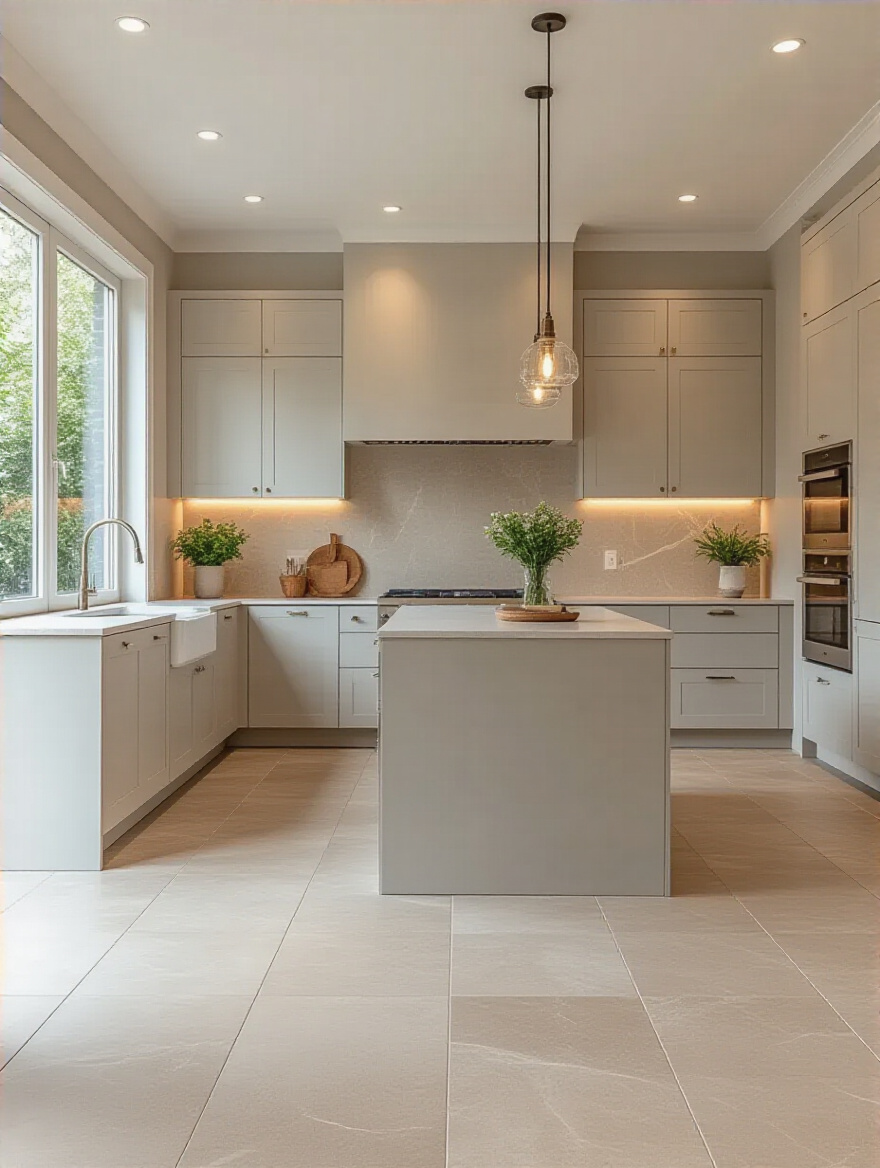 Modern kitchen floor with seamless large-format tiles and minimal grout lines.