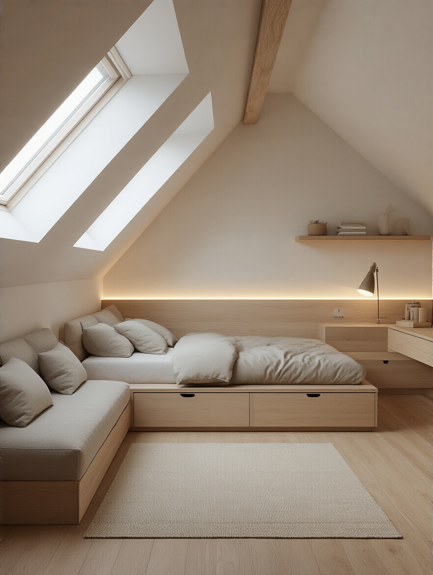 Attic bedroom with low-profile furniture and open headroom