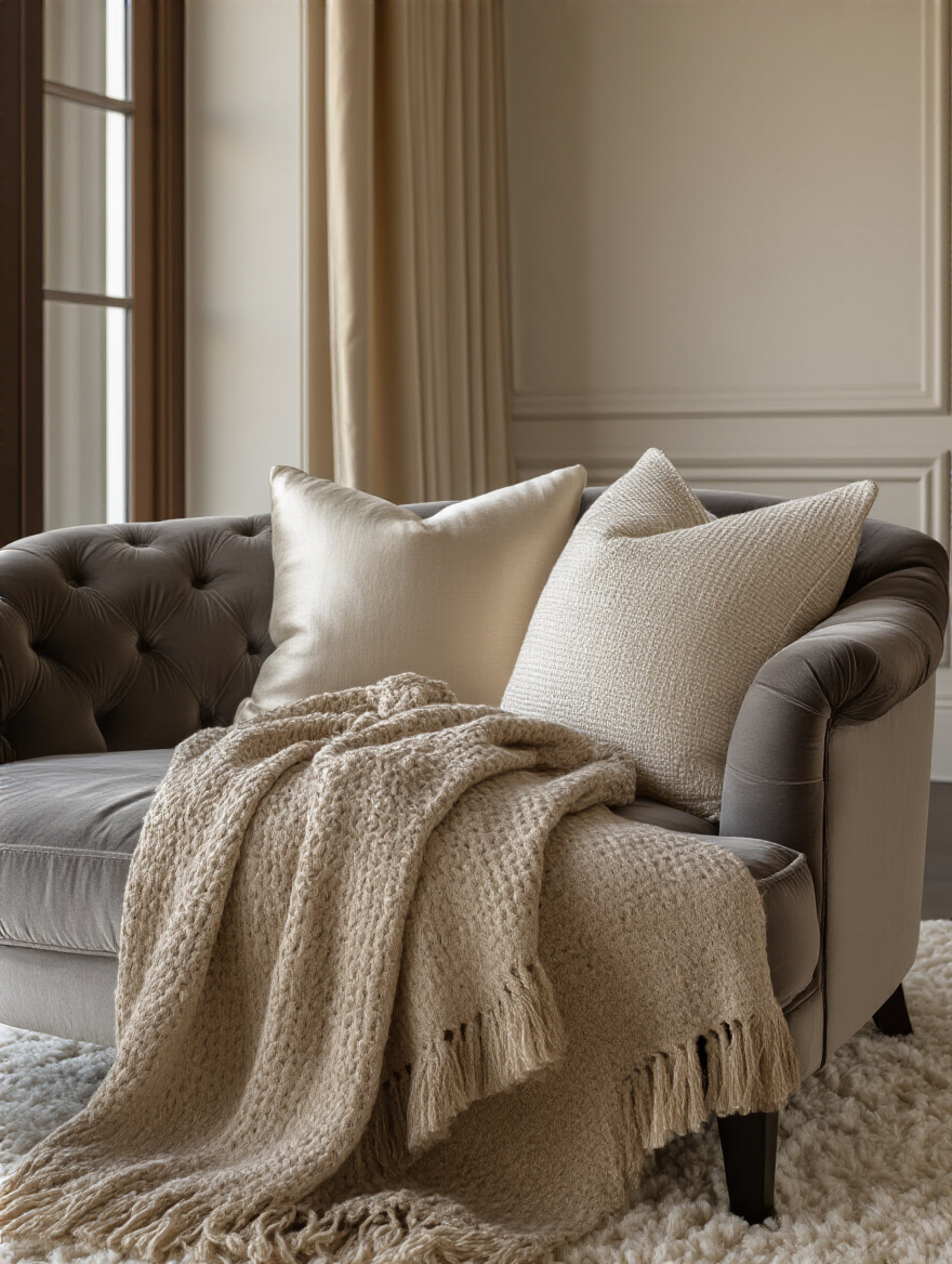 Luxurious living room textiles on sofa and drapes with high-thread-count fabrics and soft lighting