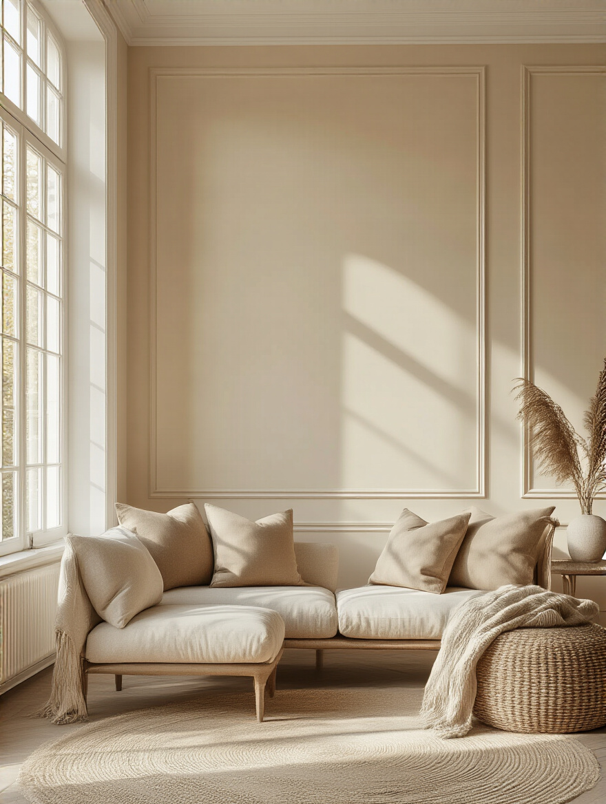 Living room with warm creamy off-white walls highlighting paint color choice based on room orientation and natural light