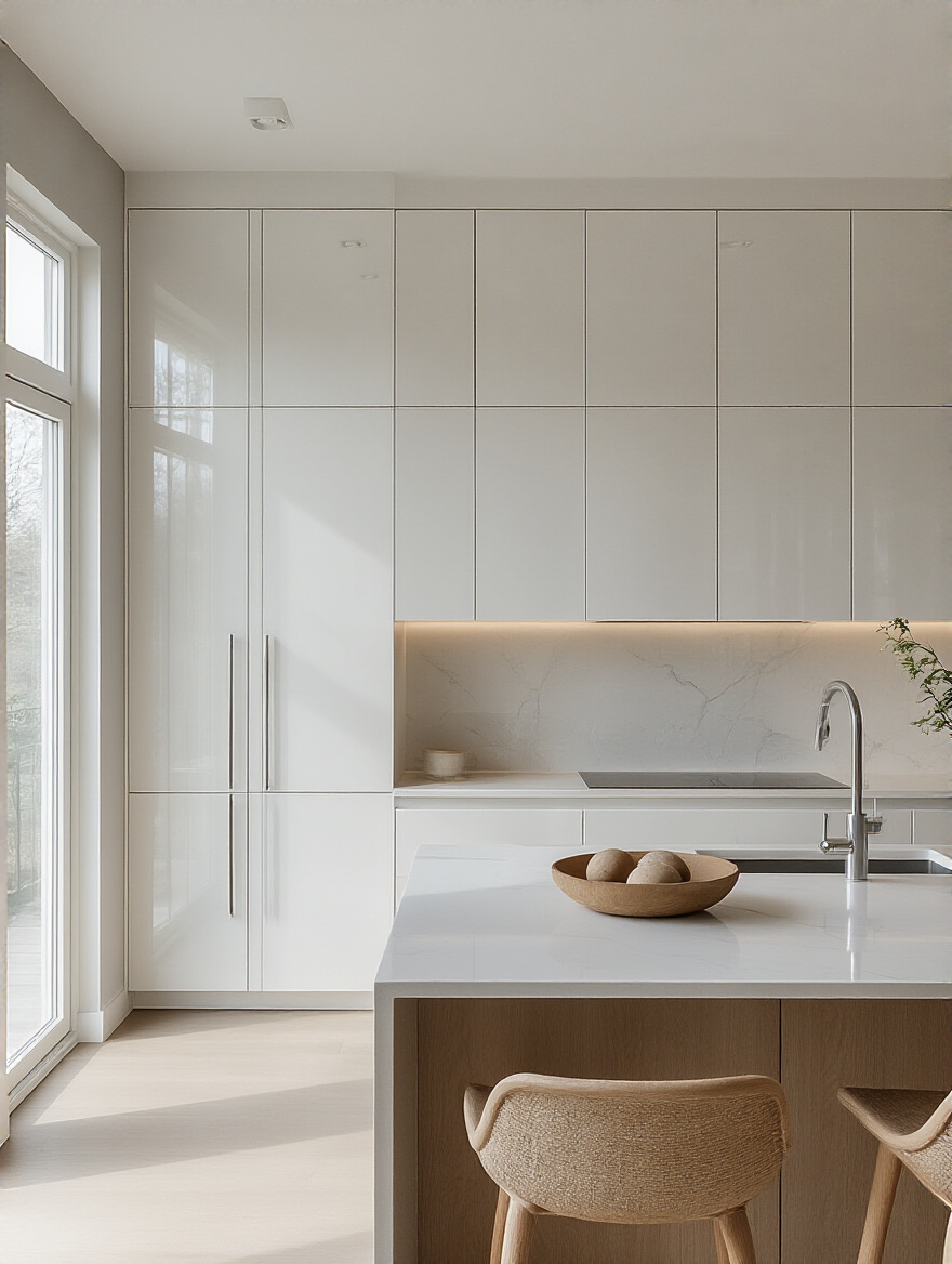 Vertical modern kitchen with white slab door cabinets, handleless, bright and seamless