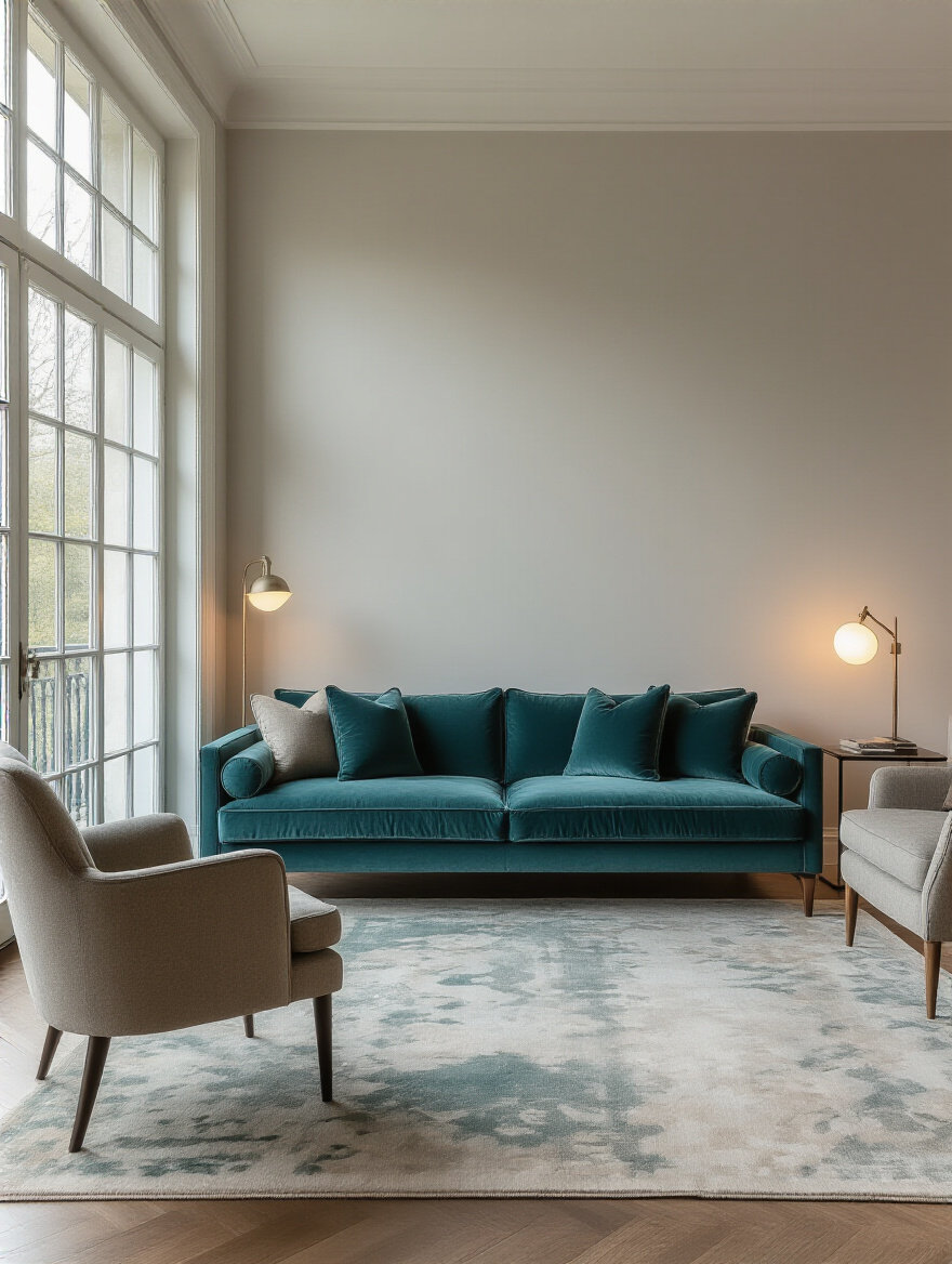 Modern living room with a teal velvet sofa as the anchoring piece centered against a neutral wall, surrounded by complementary furniture and soft lighting.