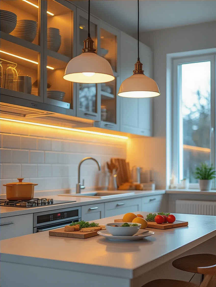 Modern kitchen interior showcasing layered color temperature lighting with cool under-cabinet lights and warm pendant lights over the island