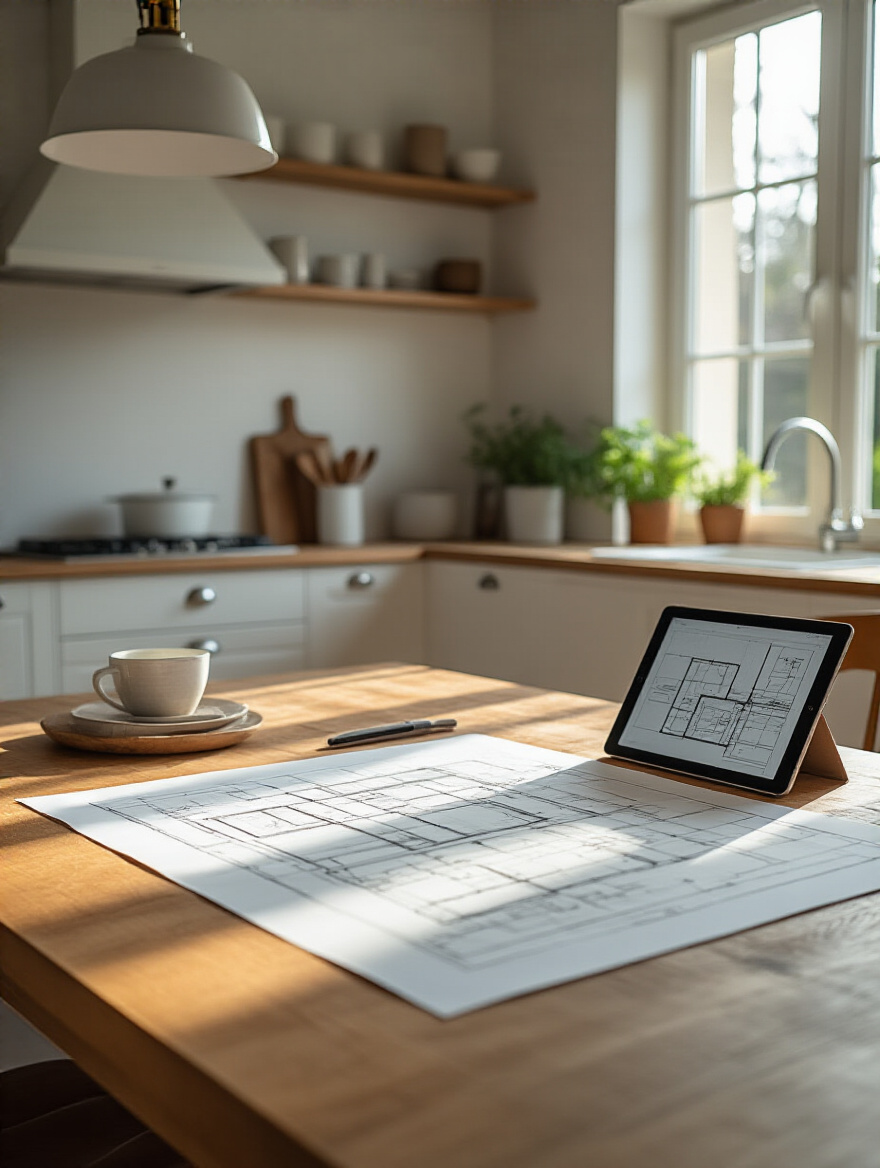 Modern kitchen remodel planning scene with design plans and sketches on wooden table in bright natural light