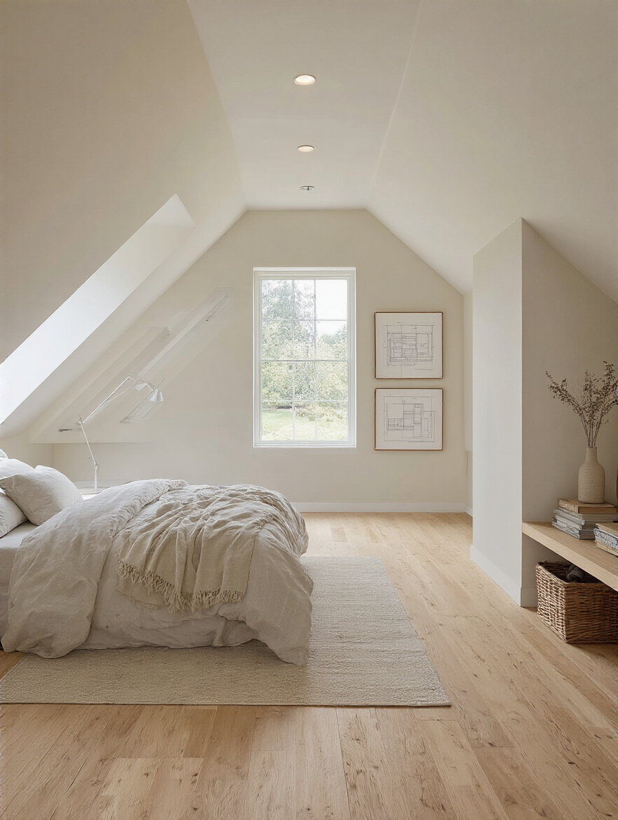 Vertical attic bedroom with egress window and abstract blueprint frames