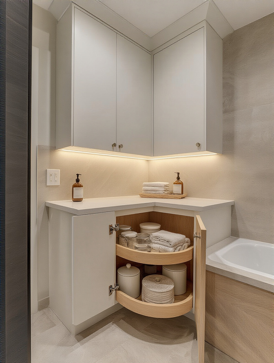 Portrait view of a bathroom corner cabinet solution with open diagonal cabinet showing Lazy Susan and pull-out shelving, warm LED interior lighting.