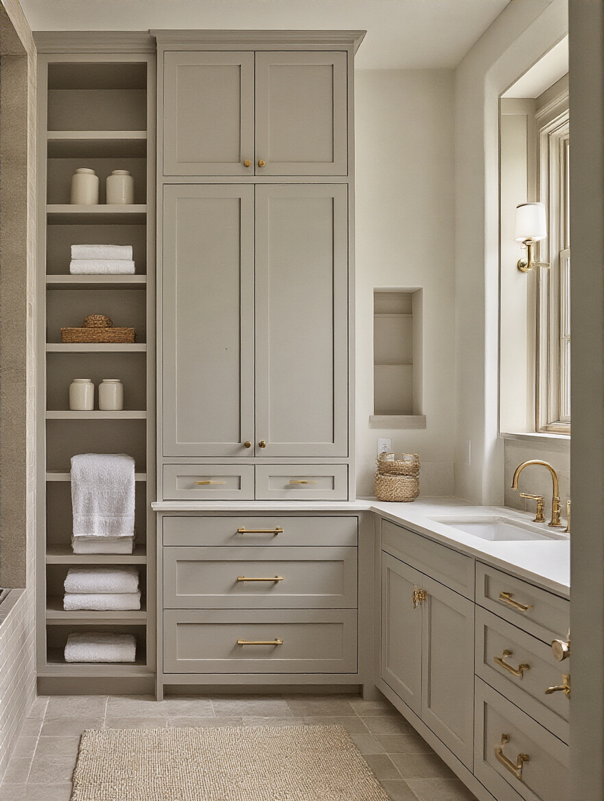 Vertical bathroom interior with custom built-in linen cabinet and stepped vanity under a sloped ceiling, LED-lit open shelves and dove-gray cabinetry.
