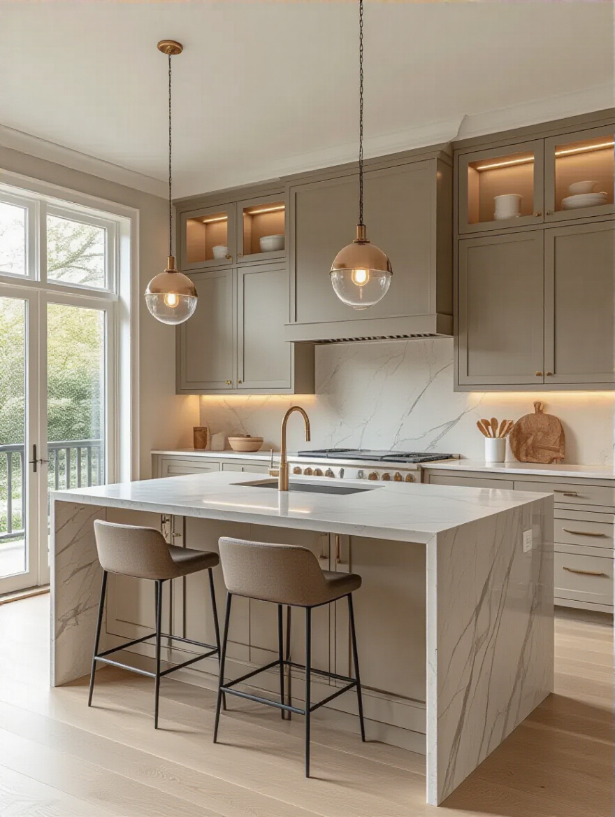 Modern stylish kitchen interior with elegant cabinetry and island, showcasing professional design and lighting