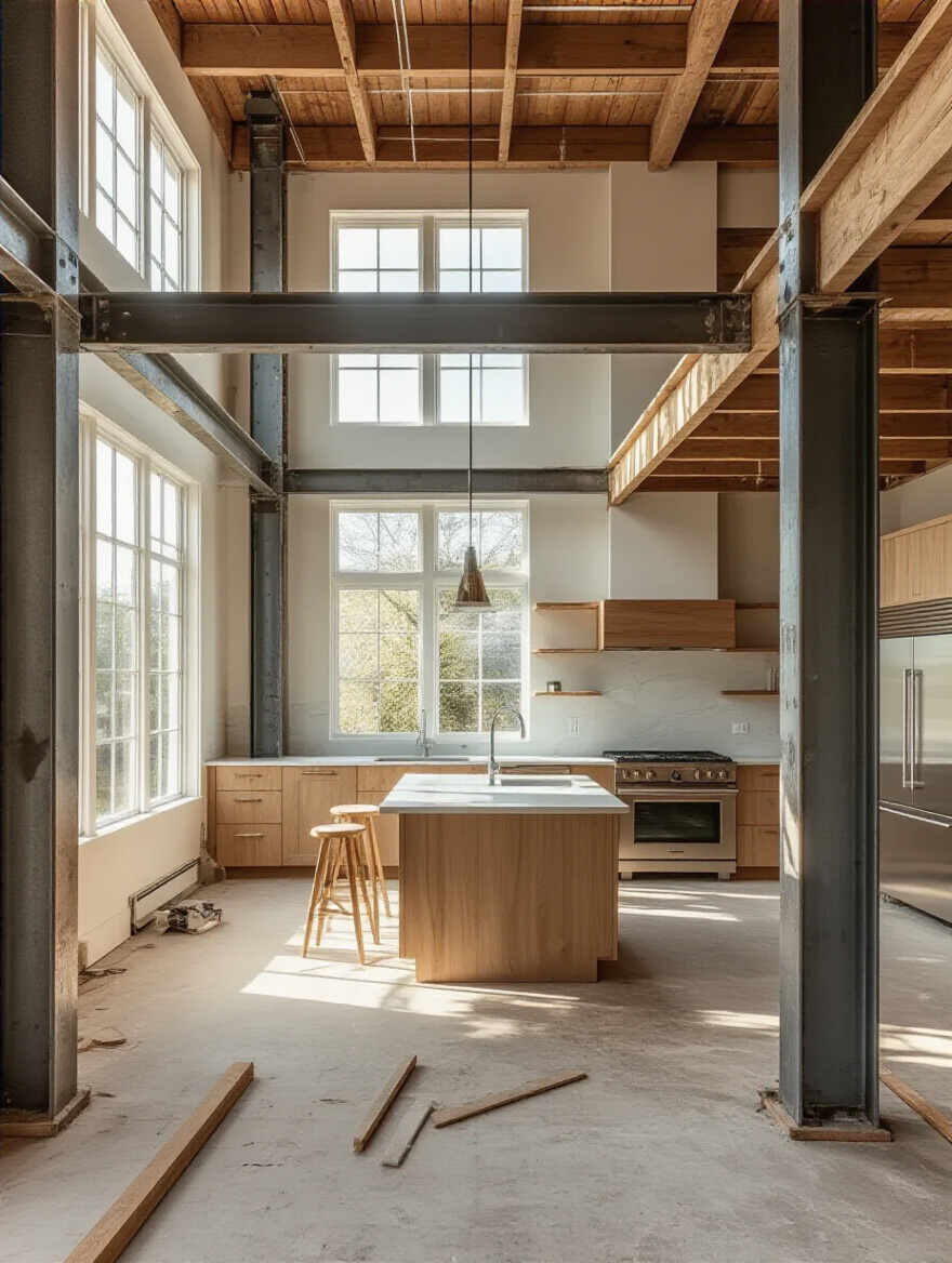 Modern kitchen renovation with exposed structural beams and steel supports, bright natural lighting, no people