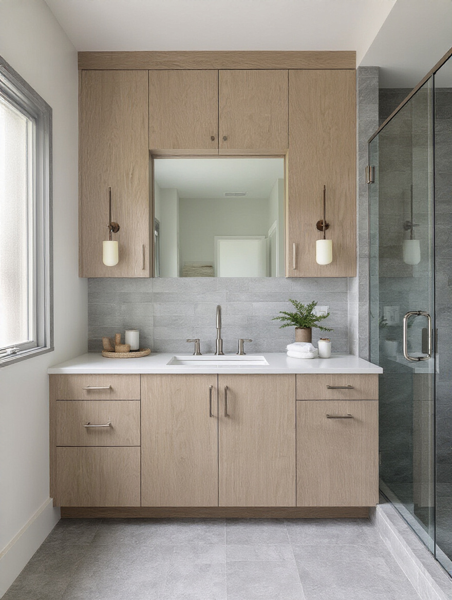 Vertical photo of a modern bathroom vanity with coordinated medium-tone oak cabinet finish, white quartz countertop, and gray floor tiles