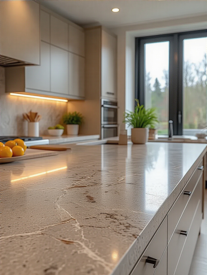 Modern durable kitchen countertop made of engineered quartz with natural light highlighting its texture and polished finish