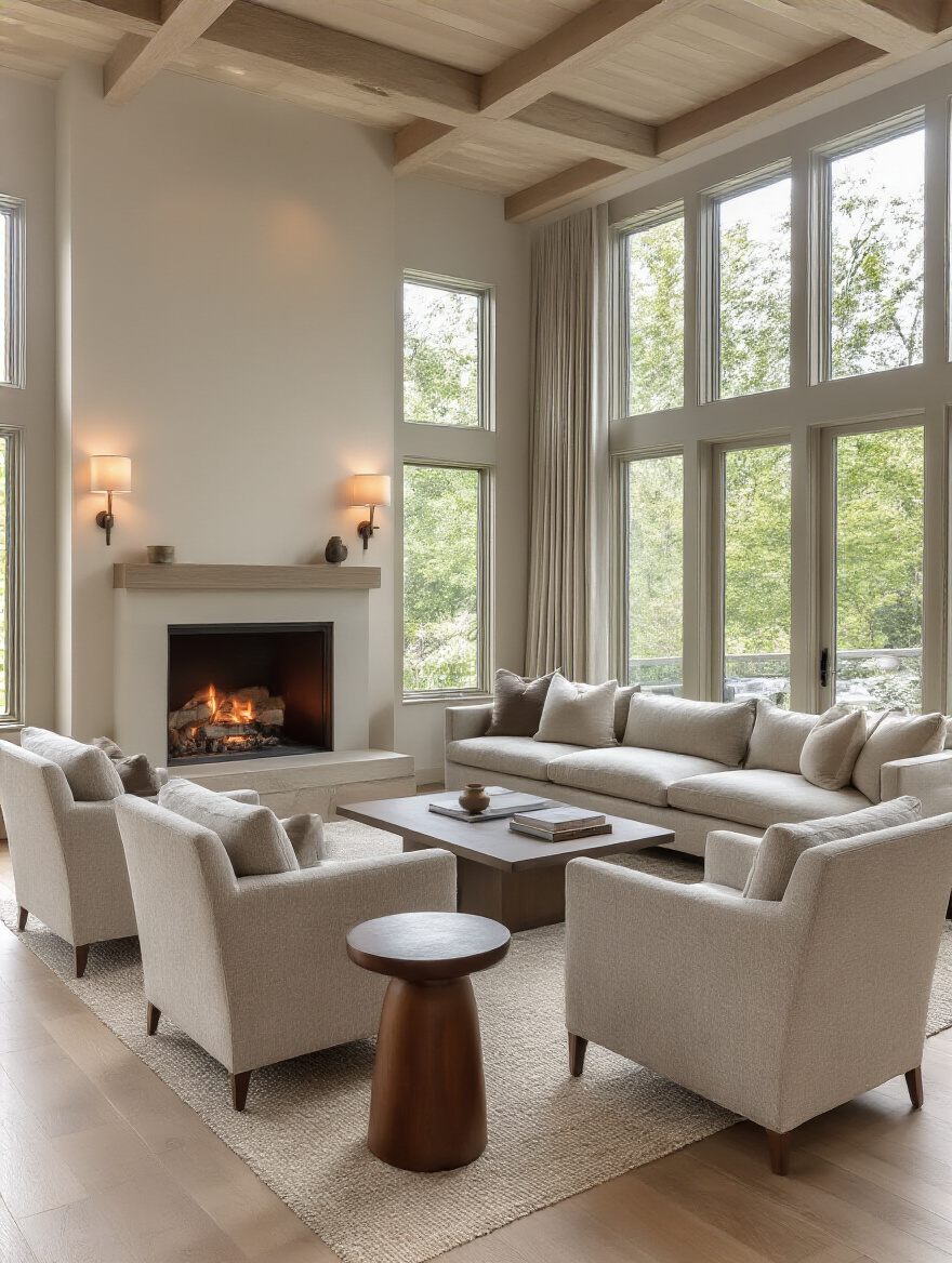 Modern living room with a cozy conversation zone featuring sectional sofa and armchairs arranged for inviting group interaction