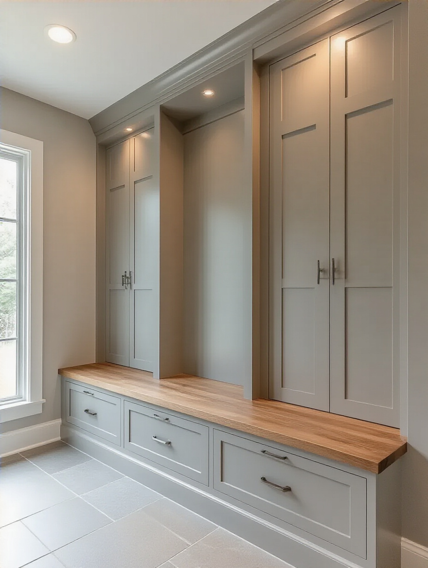 Concealed cubby storage in a mudroom with a built-in bench and flush-panel cabinetry, clean and organized.