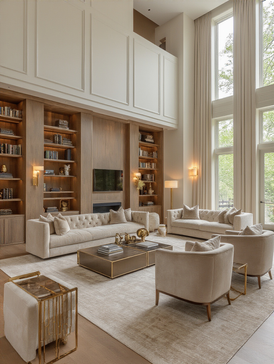 Vertical interior shot of a luxurious open-concept living room with cohesive zoning and defined zones.