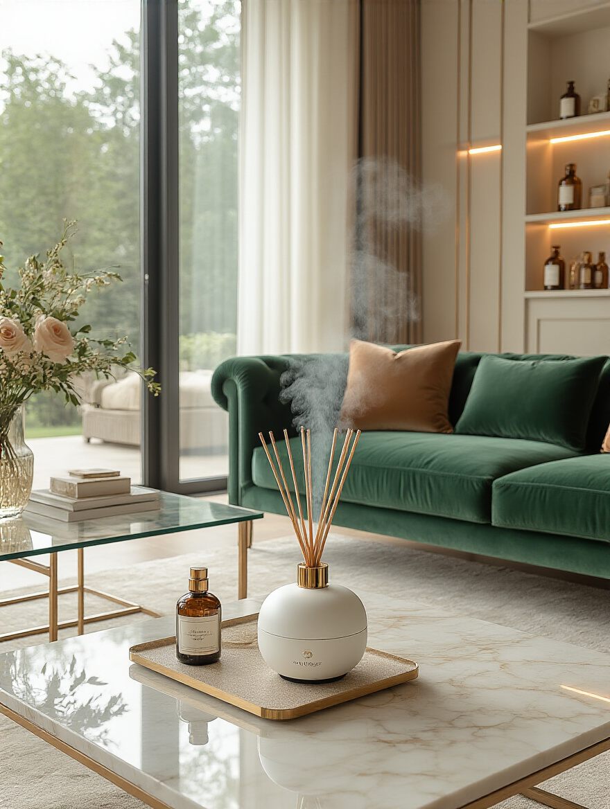 Luxurious living room with diffuser and fragrance decor, warm natural light