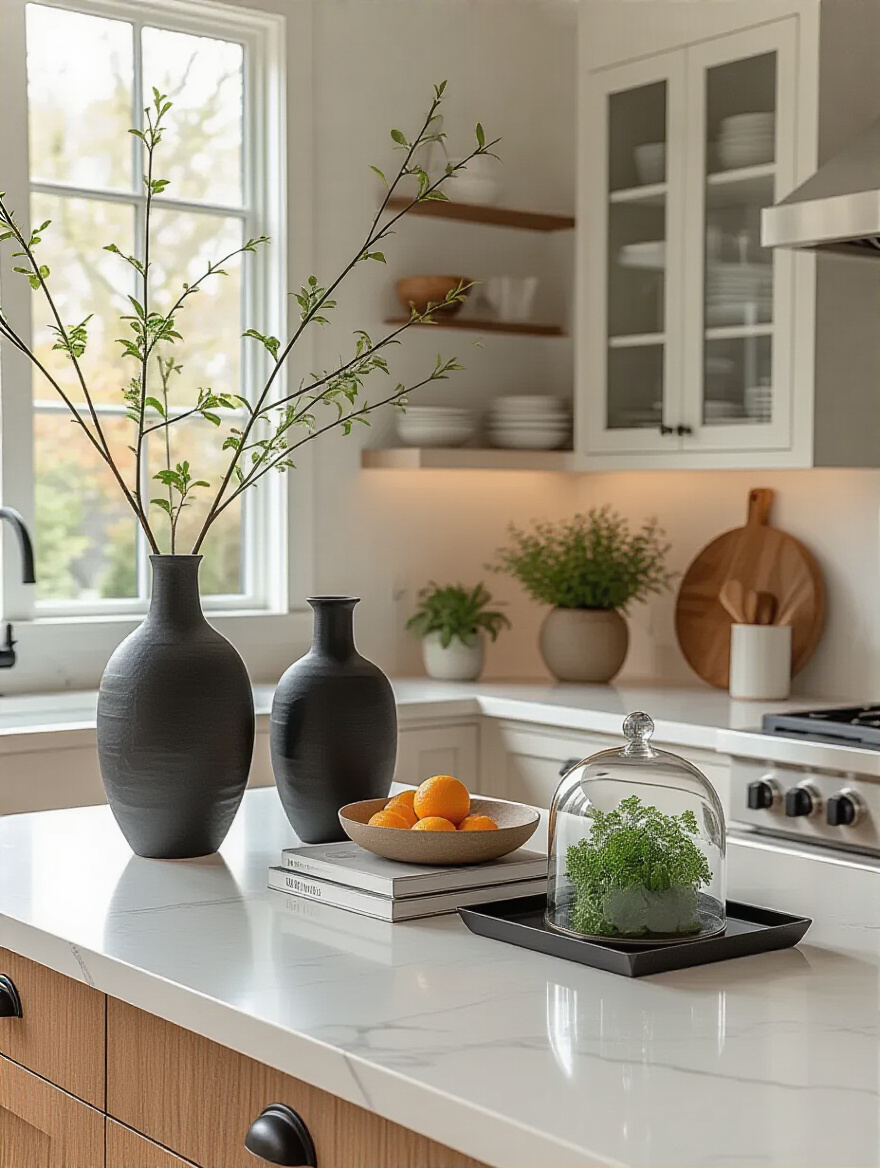 A modern kitchen counter vignette featuring curated decorative objects for visual interest.