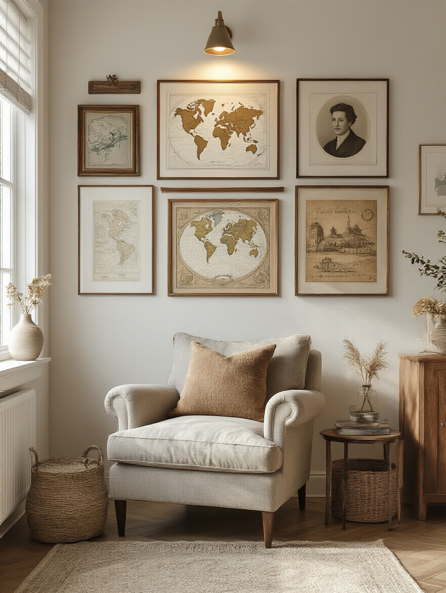 Cozy living room corner with curated gallery wall featuring family photos, vintage maps, and travel art
