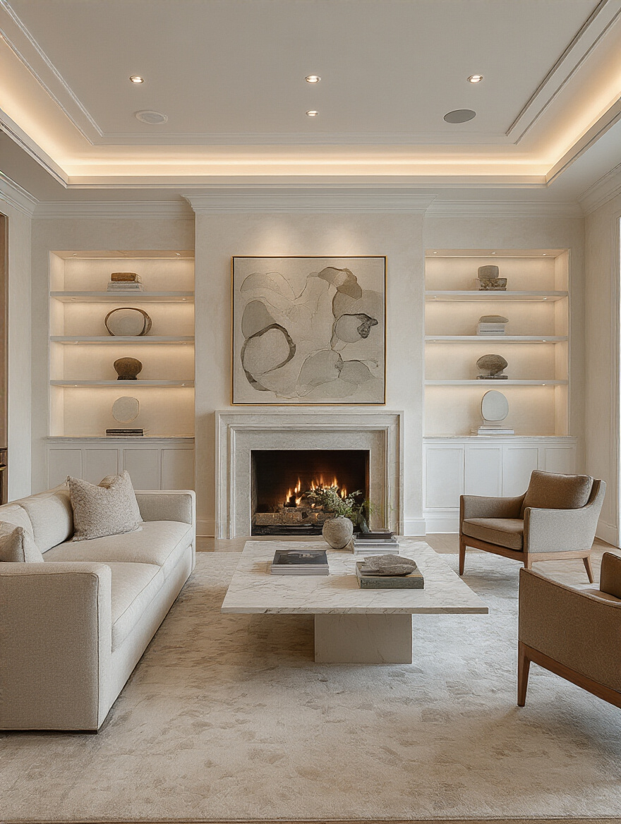Luxurious living room with recessed lighting defining zones and architectural features