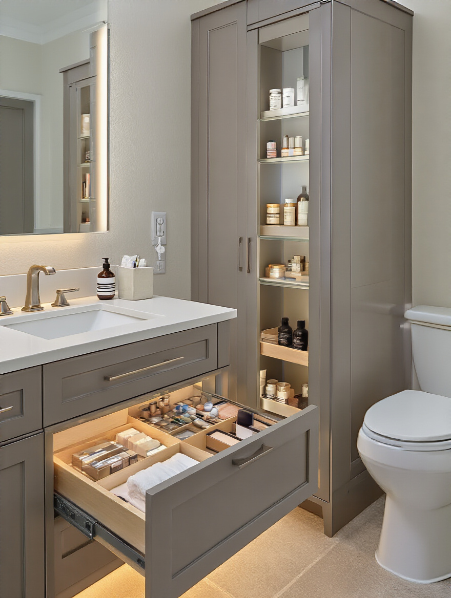 Vertical photo of a modern bathroom vanity with open organized drawers, pull-out pantry and tiered medicine cabinet showing tailored storage for toiletries and towels.
