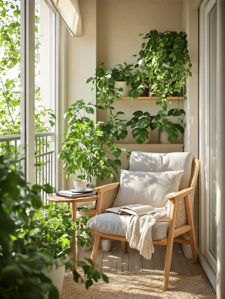 Small balcony reading nook with cozy armchair, side table, and lush plants in natural morning light