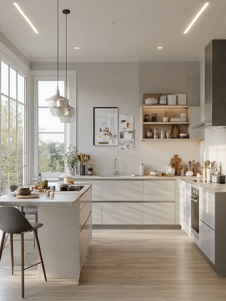 Modern kitchen interior showing a well-organized, stylish cooking and prep area with natural and LED lighting highlighting design details