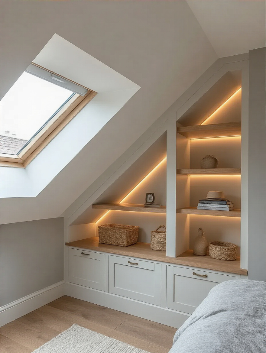 Attic bedroom with built-in bespoke shelving hugging an angled wall under a sloped ceiling