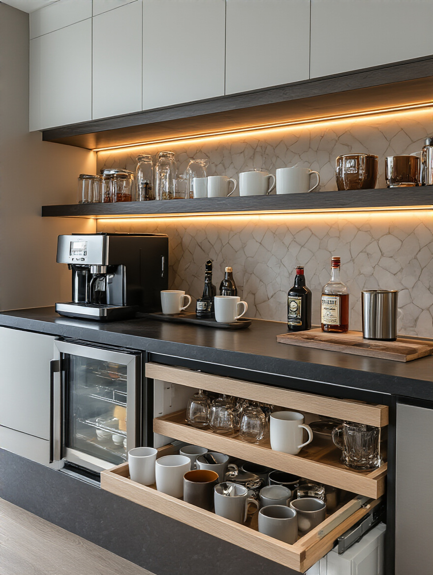Modern kitchen beverage bar zone with built-in coffee machine, mini-fridge, and organized shelves under warm LED lighting
