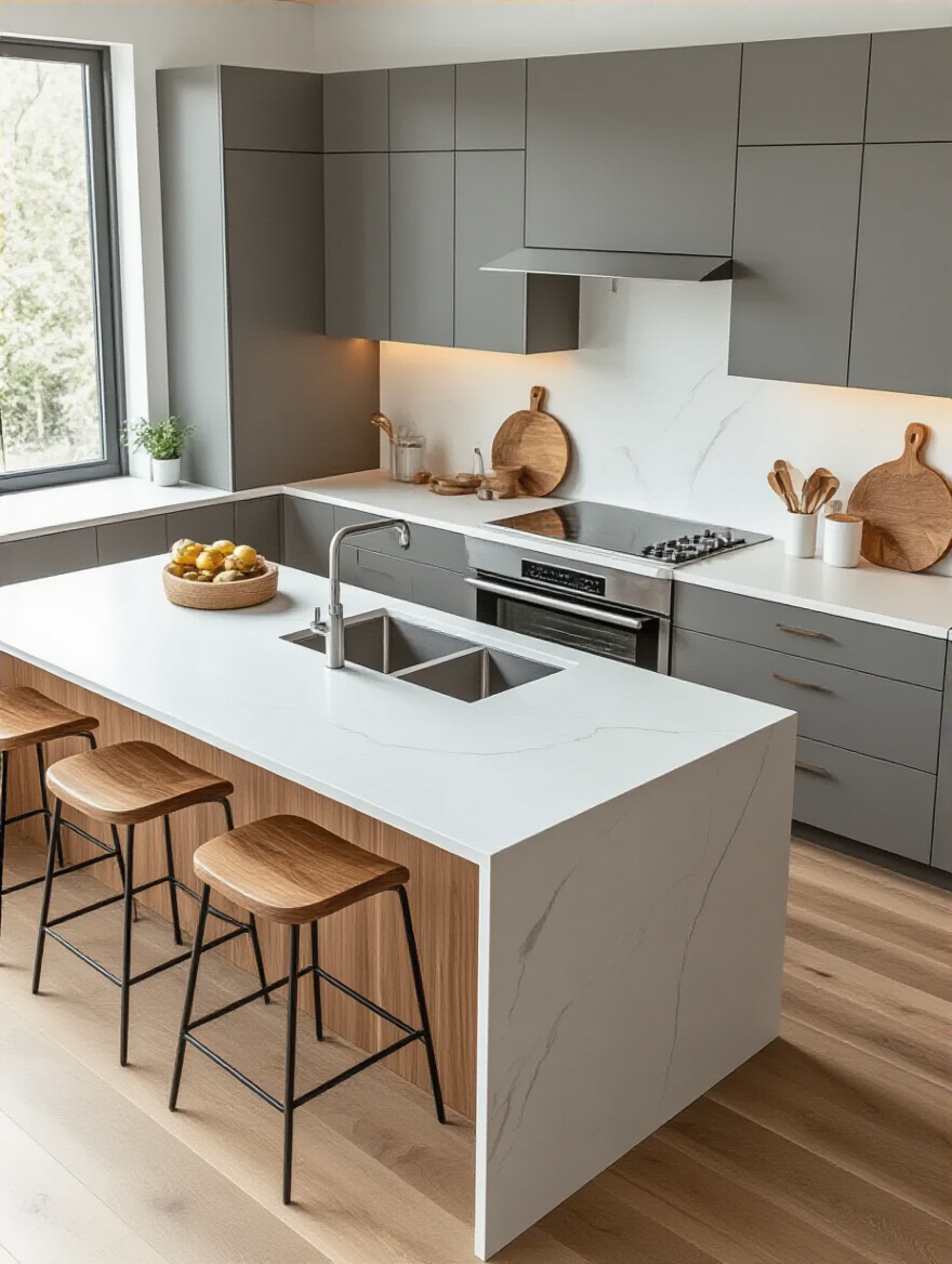 Vertical interior photo of a modern kitchen with a multipurpose island as the central hub.
