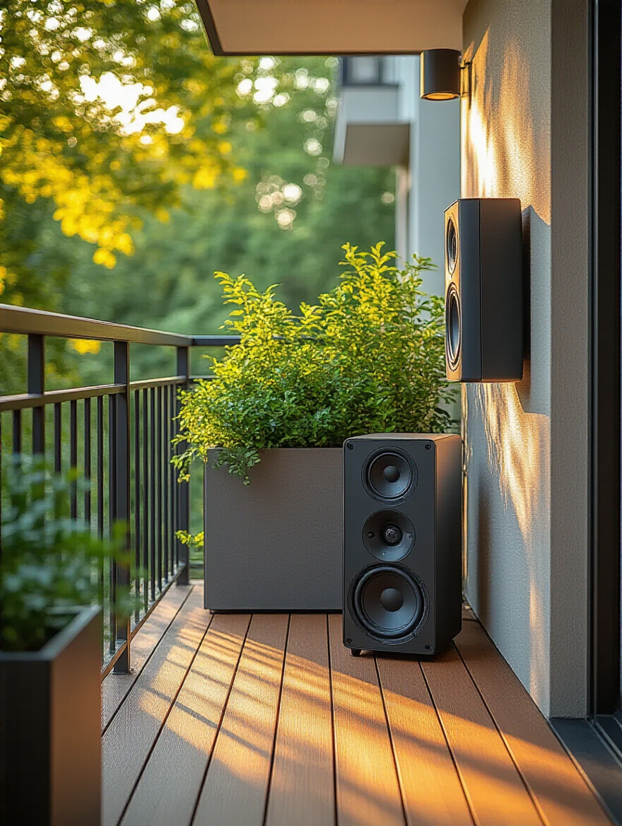 Modern balcony with integrated outdoor sound system featuring weather-resistant speakers and hidden subwoofer during golden hour