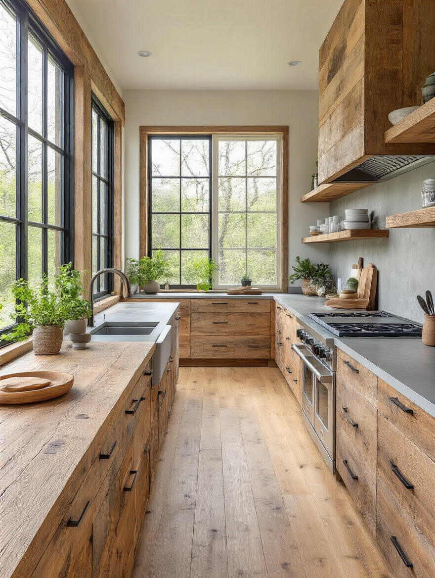 Modern kitchen featuring eco-friendly sustainable materials like reclaimed wood cabinets and recycled concrete countertops under natural lighting