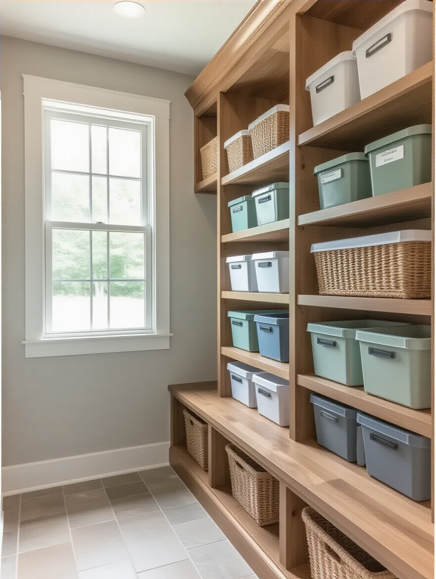 Organized mudroom with stacked covered storage bins for seasonal items