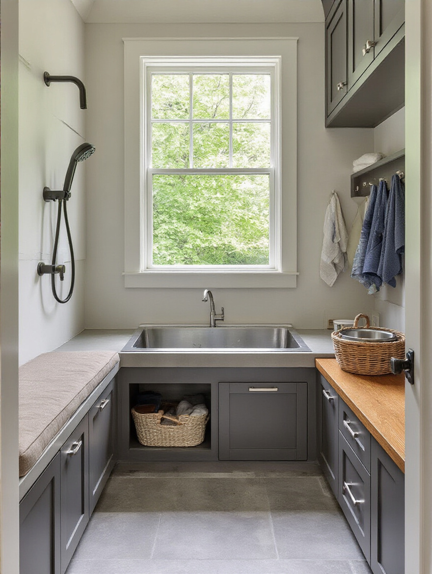 Vertical mudroom with built-in pet washing station and elevated feeding bowls
