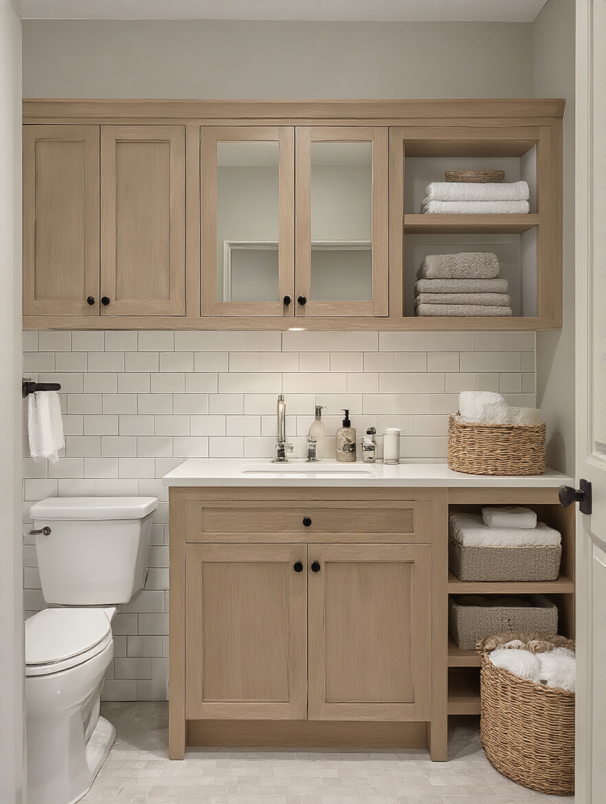 Portrait view of a compact bathroom with shallow wall cabinet above toilet, comfort-height vanity, and a tall linen cabinet maximizing wall storage