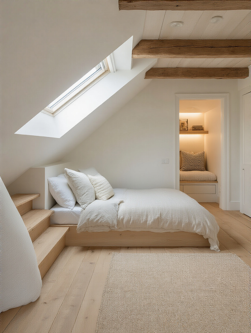 Attic bedroom with strategically placed staircase, doorway, and clear movement paths