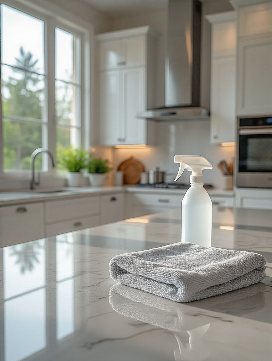 Vertical shot of a modern kitchen with pristine surfaces; microfiber cloth and cleaning spray on a clean quartz island; soft daylight.