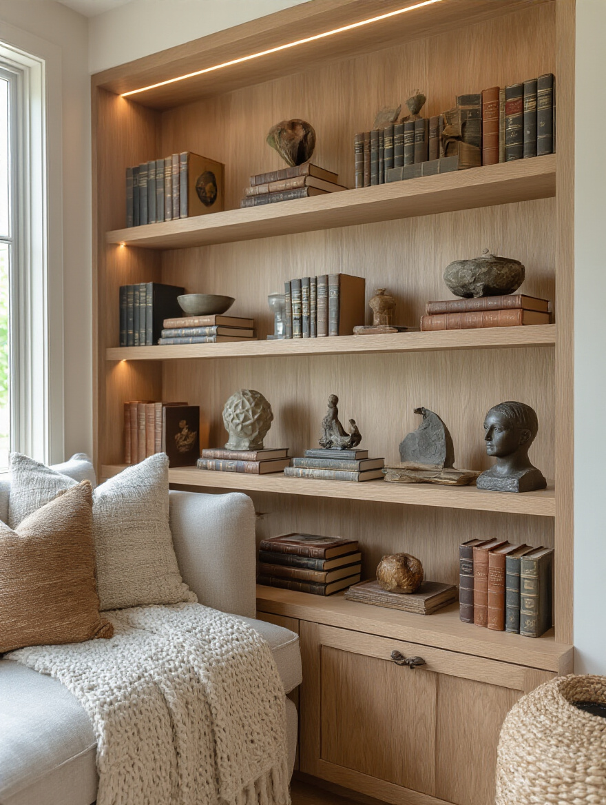 Curated display of meaningful collectibles on a wooden shelf in a living room with warm accent lighting
