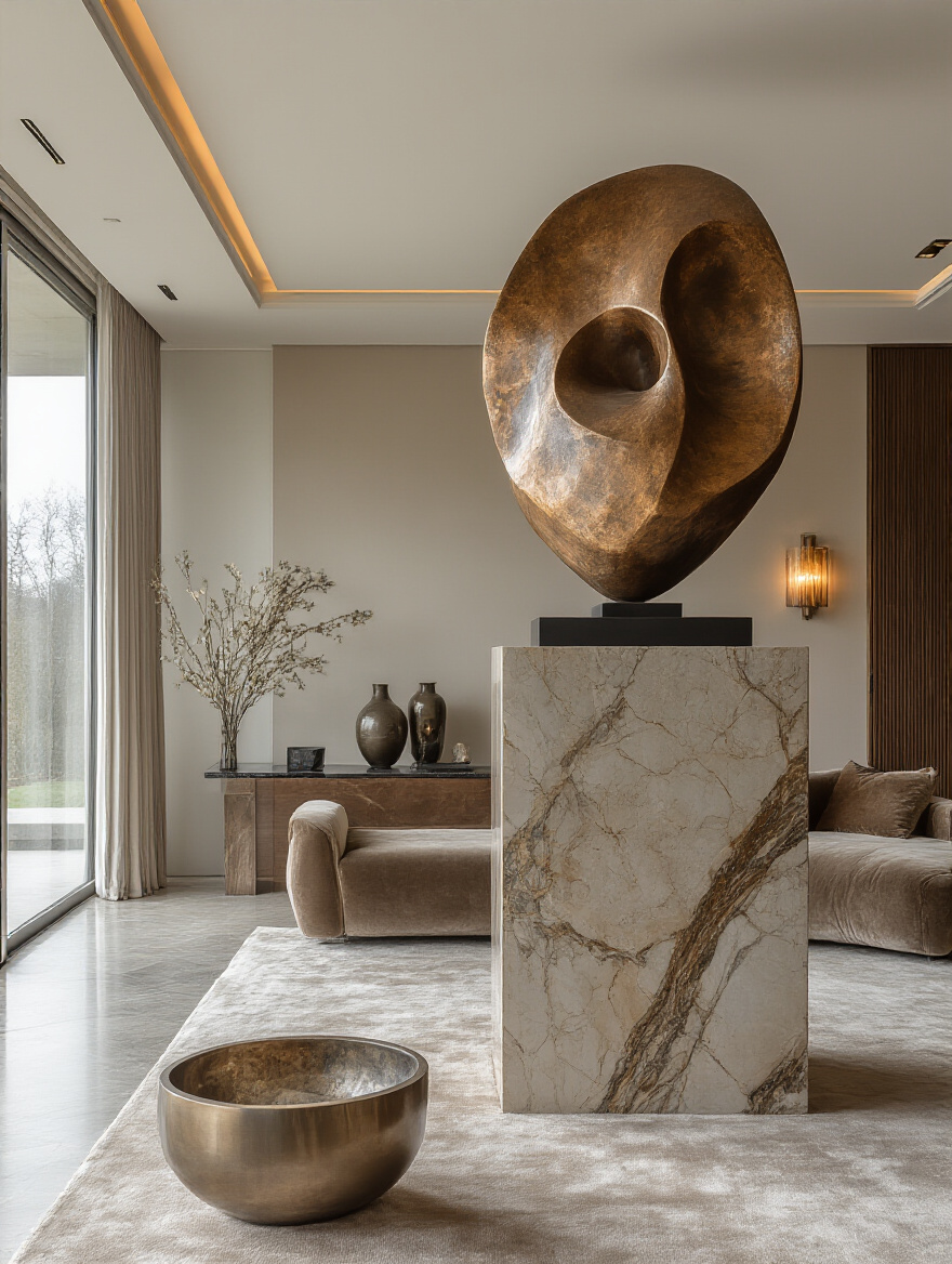 Luxurious living room with pedestal sculpture and premium decor