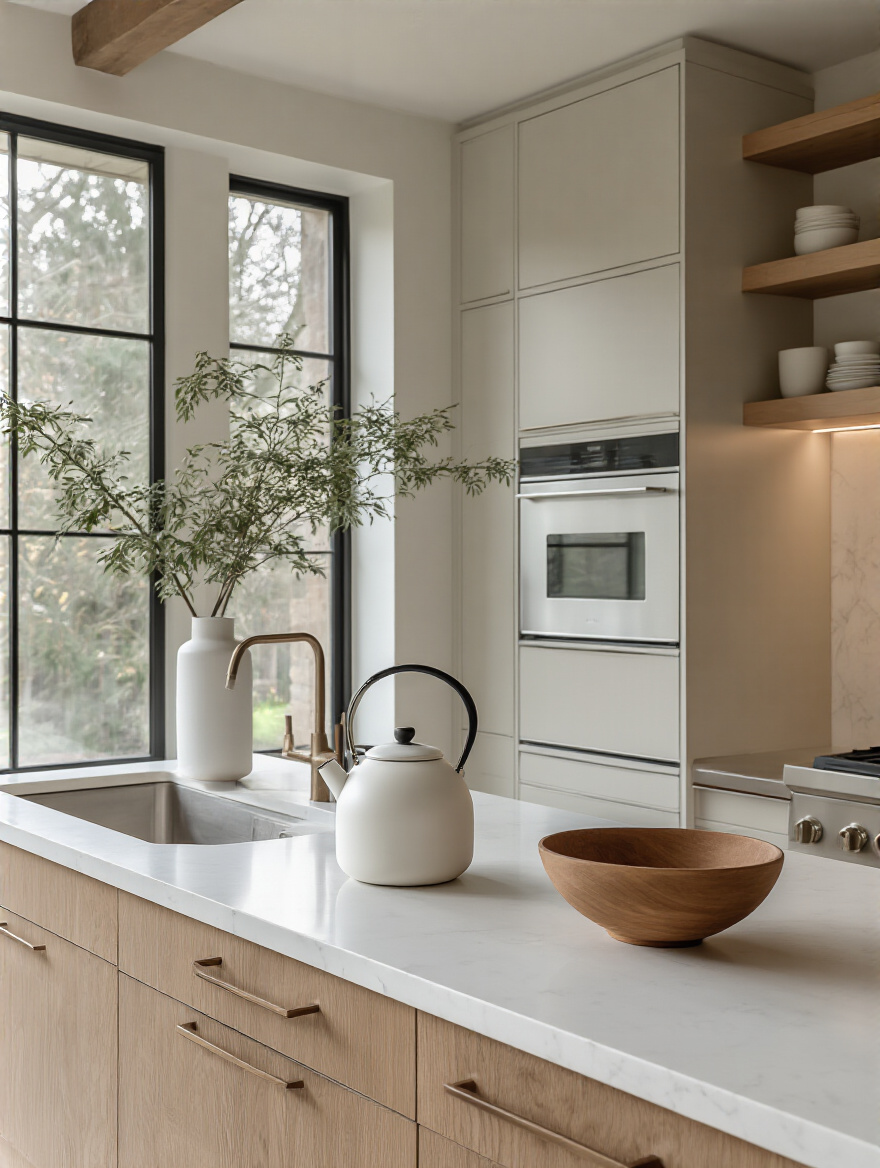 Vertical shot of a modern, minimalist kitchen with clean countertops, hidden storage, and a single sculptural object as the focal point.