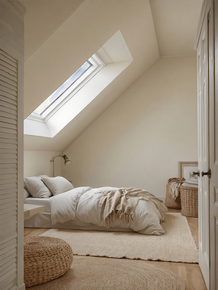 Bright attic bedroom with seamless light-colored walls and ceiling, creating an airy, spacious feel.
