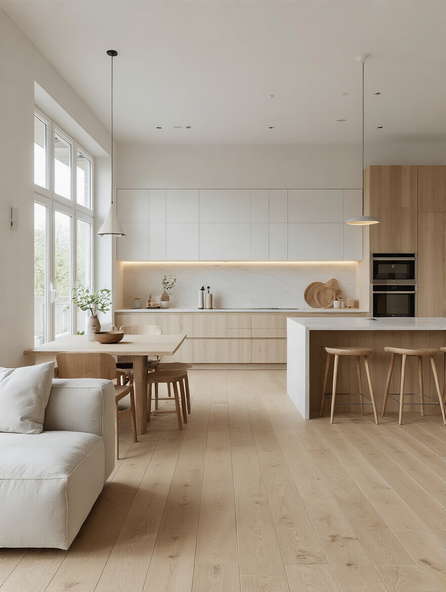 Portrait view of a modern open-plan kitchen with continuous flooring and cohesive materials bridging kitchen and living spaces.