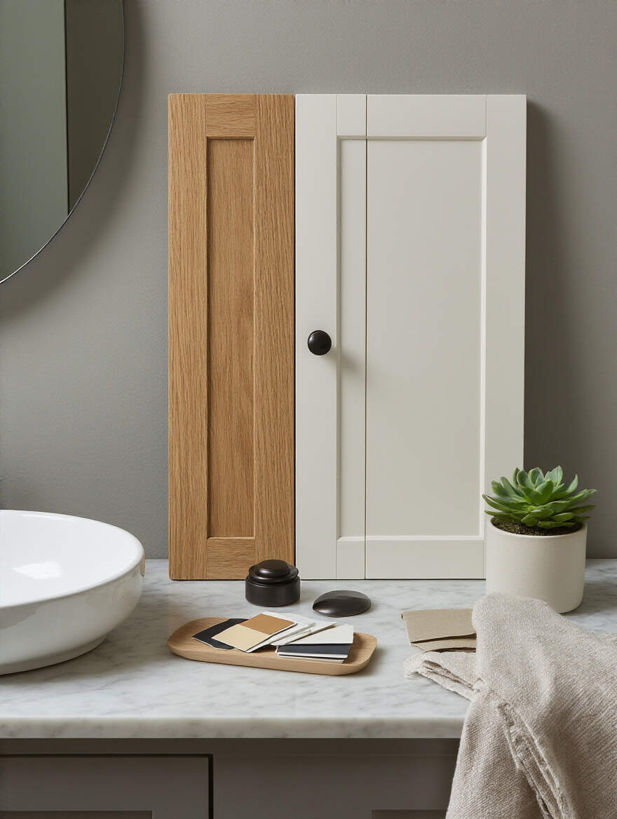 Styled bathroom vanity with cabinet door samples, hardware pieces, and paint chips illustrating material and style choices.