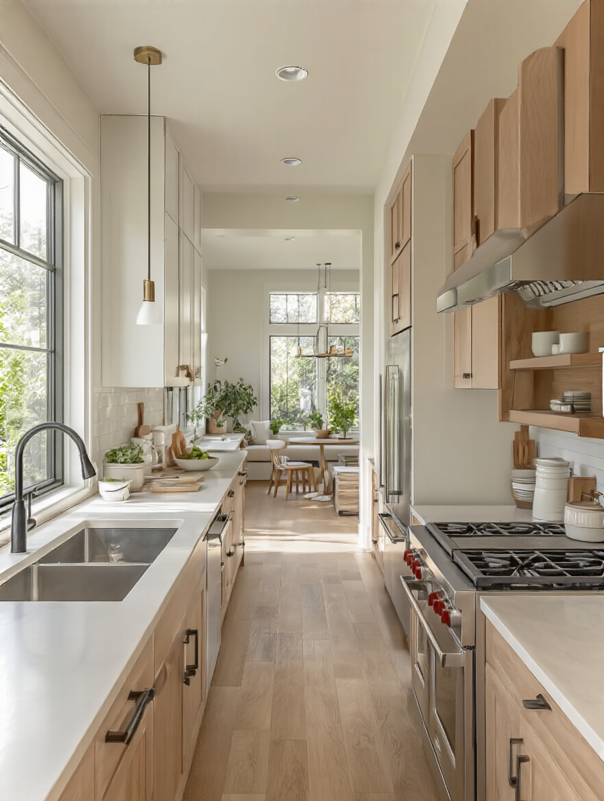 Professional photo of a modern kitchen with optimized layout and clear pathways showing future flow planning
